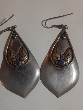 Vintage Large Sterling, Brass & Lapis Floral Teardrop Earrings 2.25 t x 1.25 w
